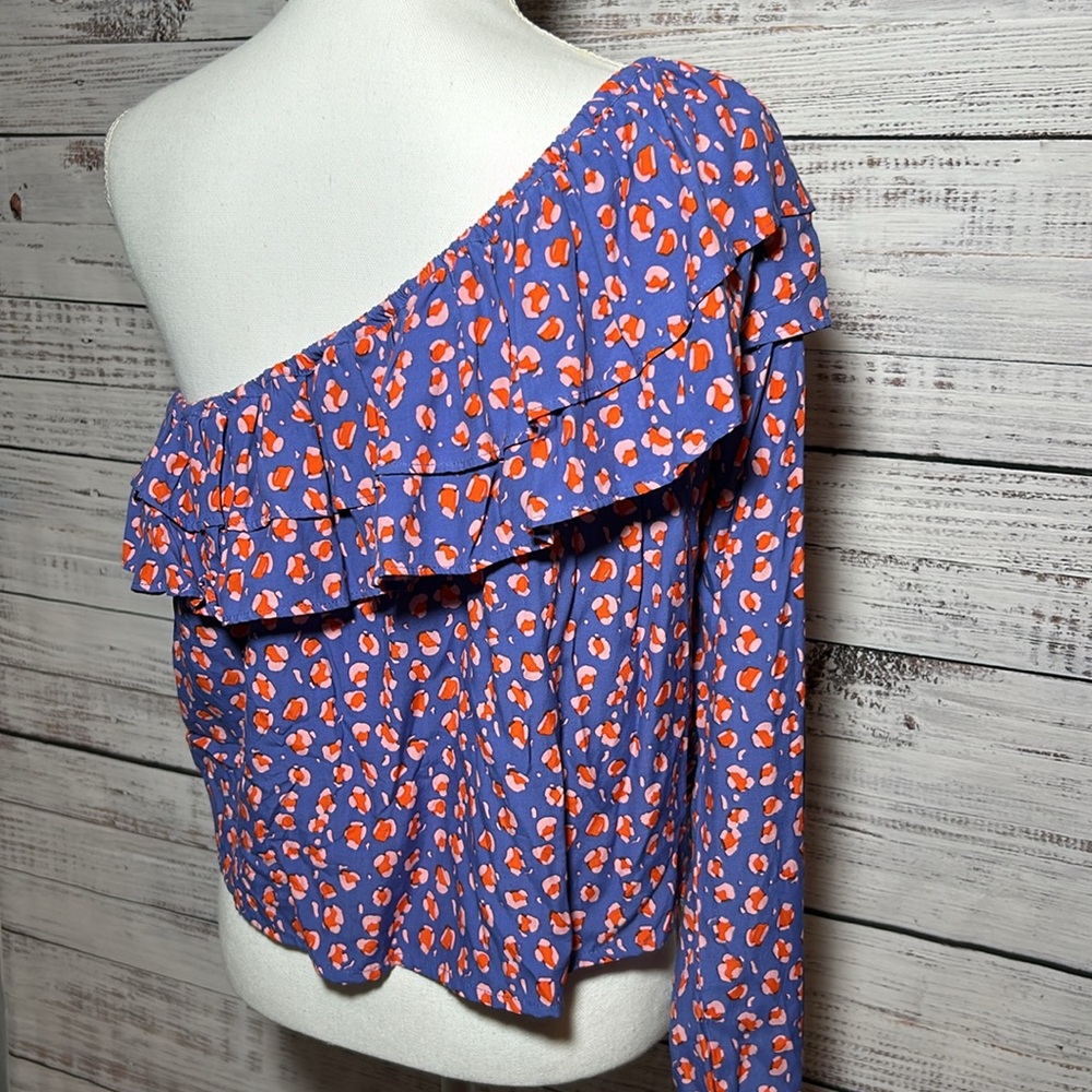 Rue Stiic Anthropologie One-Shoulder Leopard Blouse Purple Medium - Picture 10 of 16